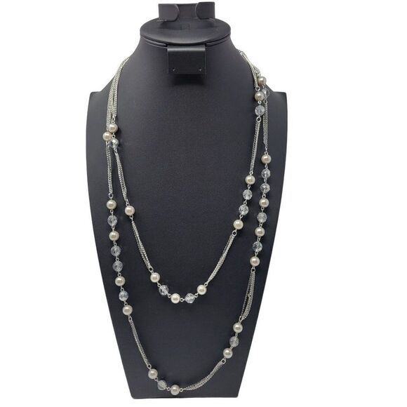 Express Layered Princess Matinee Necklace Silver Faux Pearl Crystal Multi Chain - Picture 1 of 10
